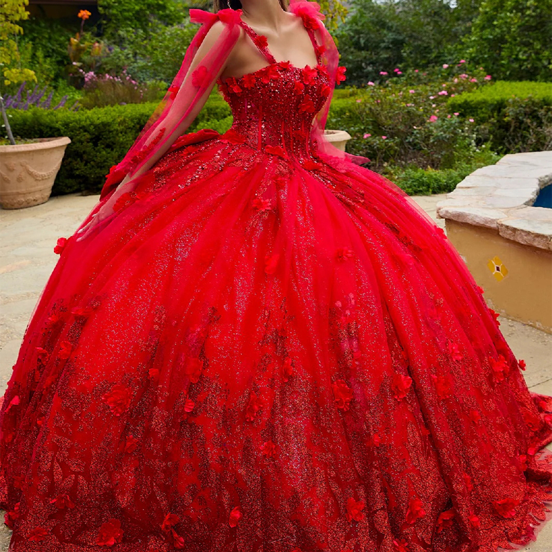 Red Shiny Quinceanera Dresses Ball Gown Off The Shoulder Applique Flower Bow Beading Tull Party Birthday Sweet 16 Dress Vestido De 15 Anos