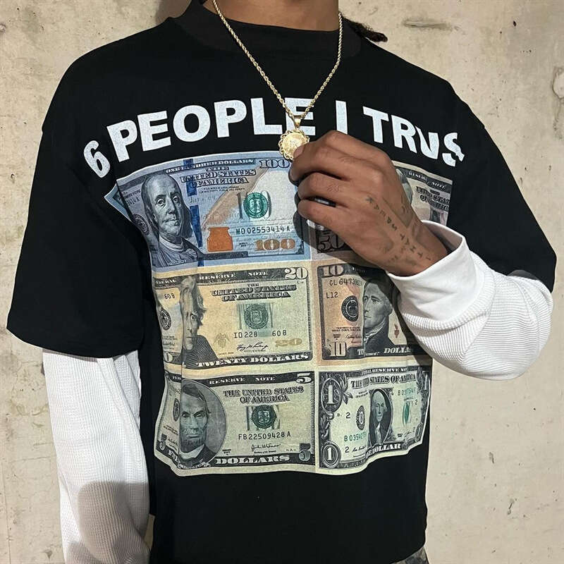 Round neck long sleeved T-shirt, hip-hop street trend printed pattern, fake two loose casual outfits