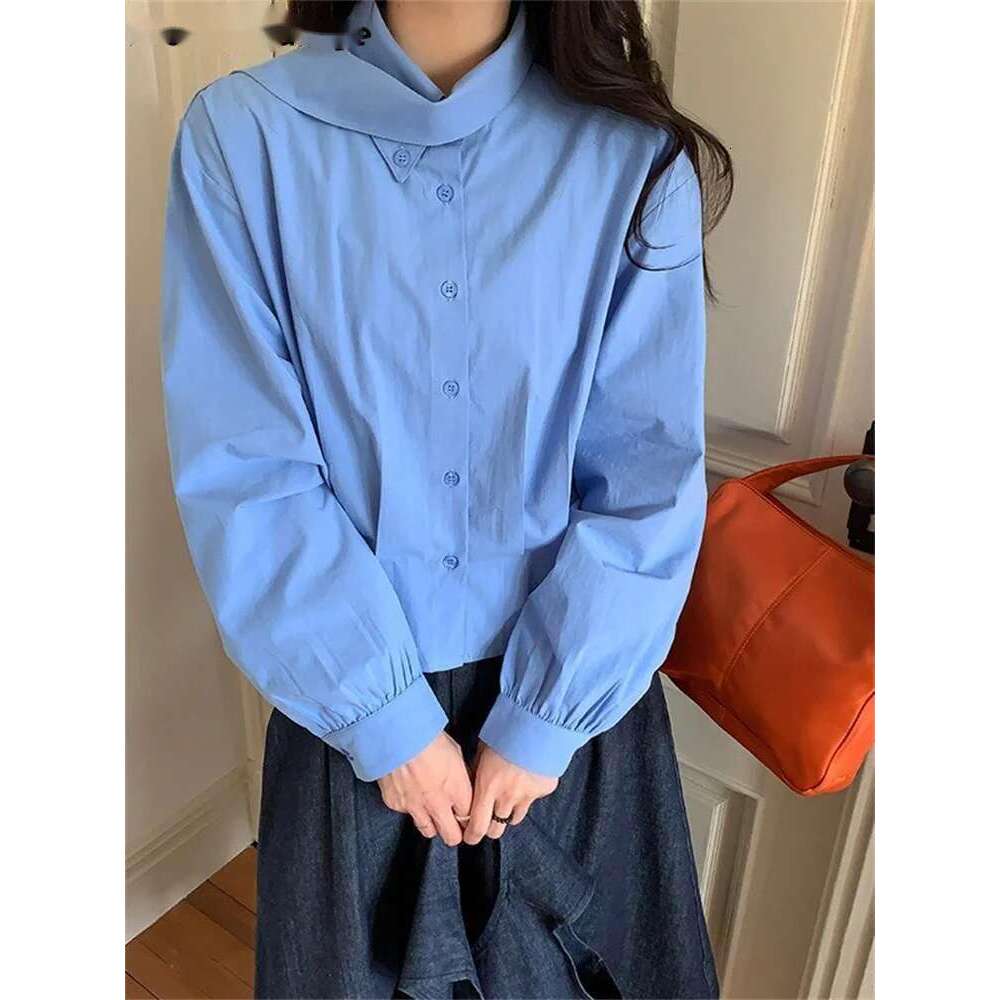 2025 Unique Scarf Collar Irregular Shirt Women Long Sleeve Spring Summer Temperament Top White/Blue/Black