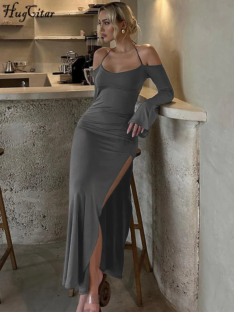 Hugcitar Halter Solid Long Sleeve Backless Lace Up Slit Sexy Slim Maxi Dress Spring Elegant Festival Party Club Clothes Y2K 250219
