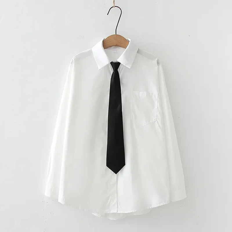 GIDYQ Women White Jk Shirts Long Sleeve Fall Student Casual Button Up Japan Black Tie Preppy Style Girls Tops 250219
