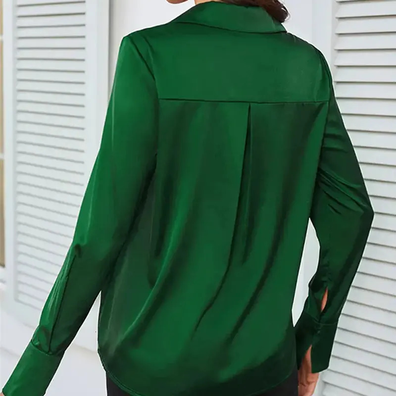 Trend Fashion Women Casual Elegant Satin Long Sleeved Shirt Office Womens Shirts And Blouses Slim Femal Clothes Green Like Silk 250219