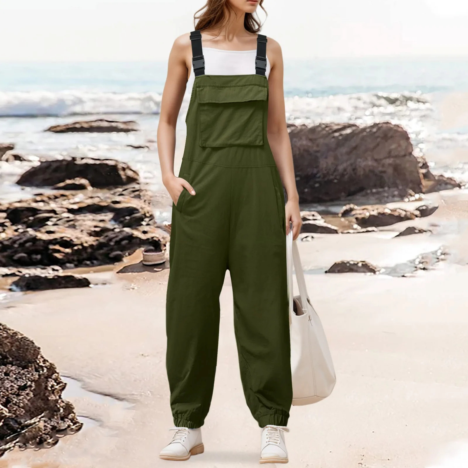 Womens Sleeveless Overalls Jumpsuit Casual Loose Adjustable Straps Bib Long Pants Jumpsuits With Pockets Womens Rompers 250220