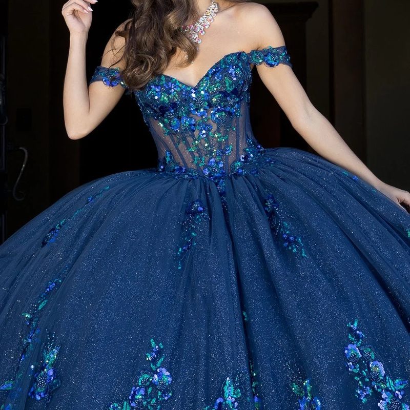 Royal Blue Shiny Quinceanera Dresses Ball Gown Off Shoulder Sequin Appliques Lace Beads Tull Corset Sweet 16 Dress Vestidos 15 de anos