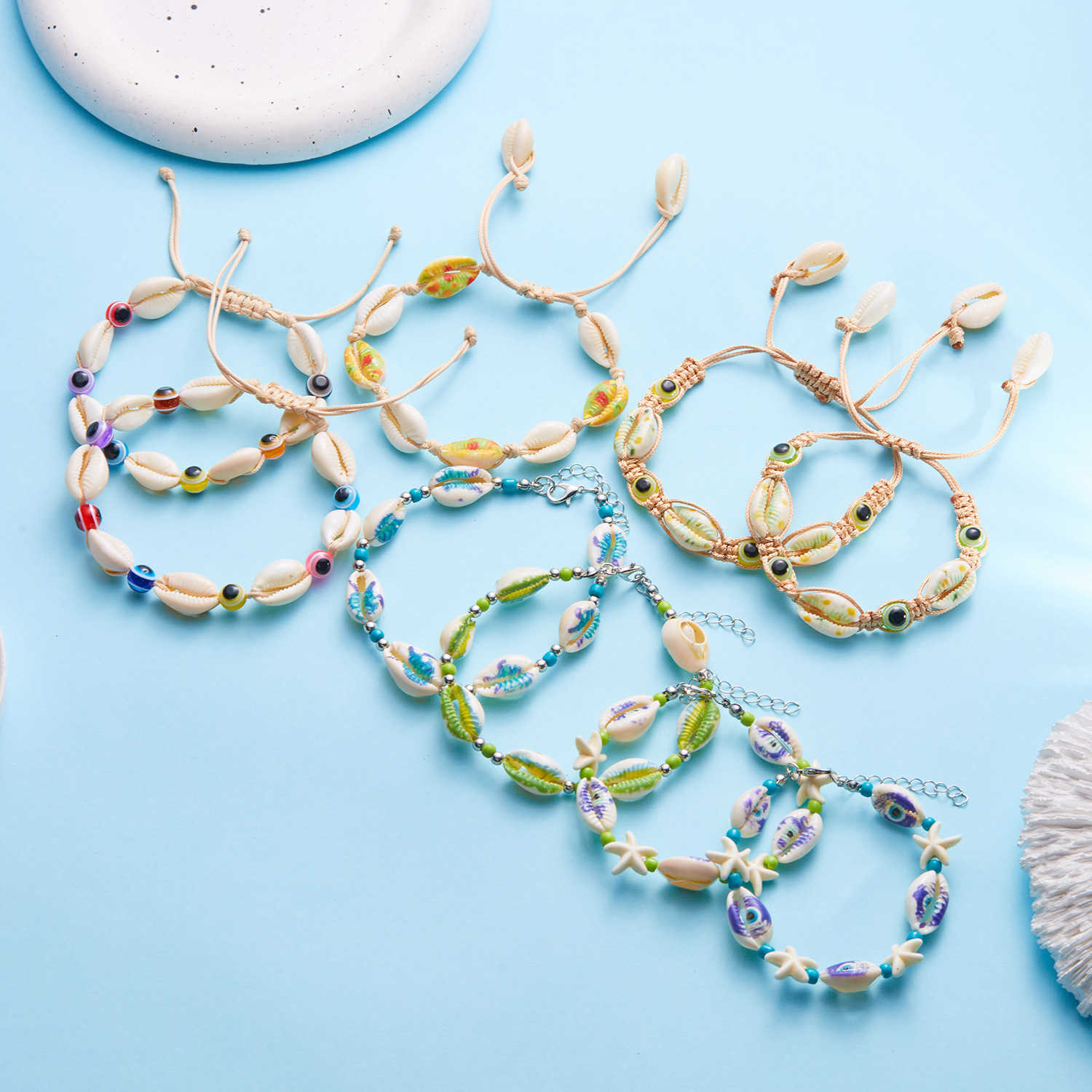 Charm Bracelets New Beach Shell Bracelet Versatile Devils Eye Pattern Sea Star Shell Handmade Weaving Bracelet H25220