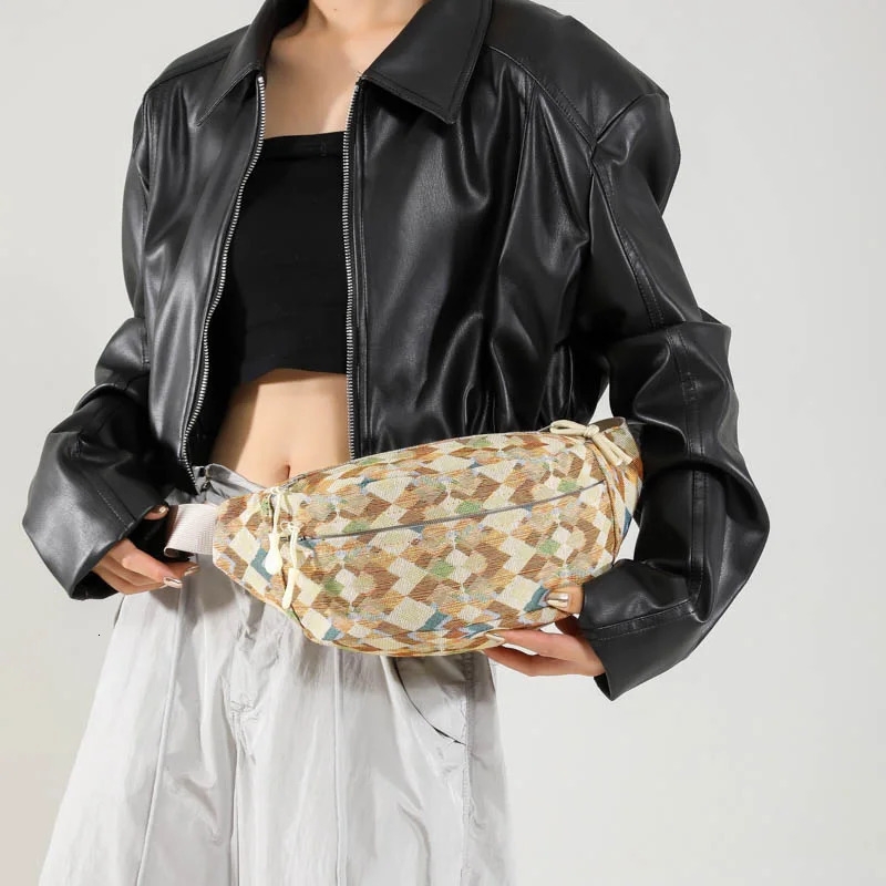 Fashion Grid pattern Chest Bags For Women Canvas Waist Bag Large Capacity Shoulder Crossbody Purse Multifunction Fanny Pack 250219