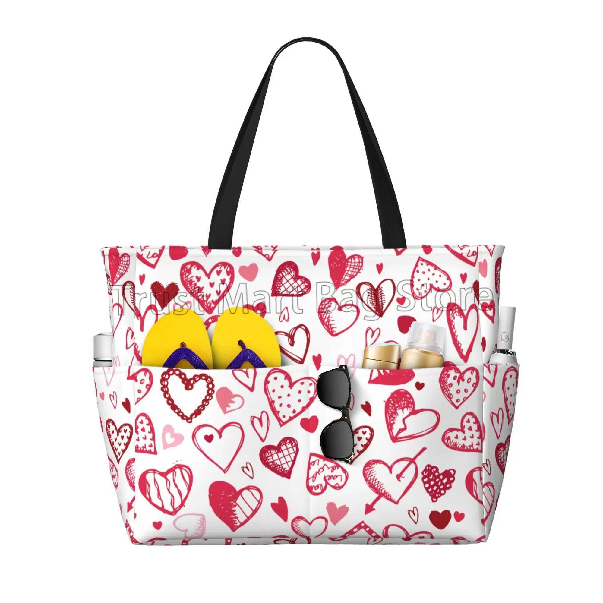 Large waterproof beach bag pink heart-shaped cute beach handbag with zipper suitable for womens travel vacation swimming Z250219