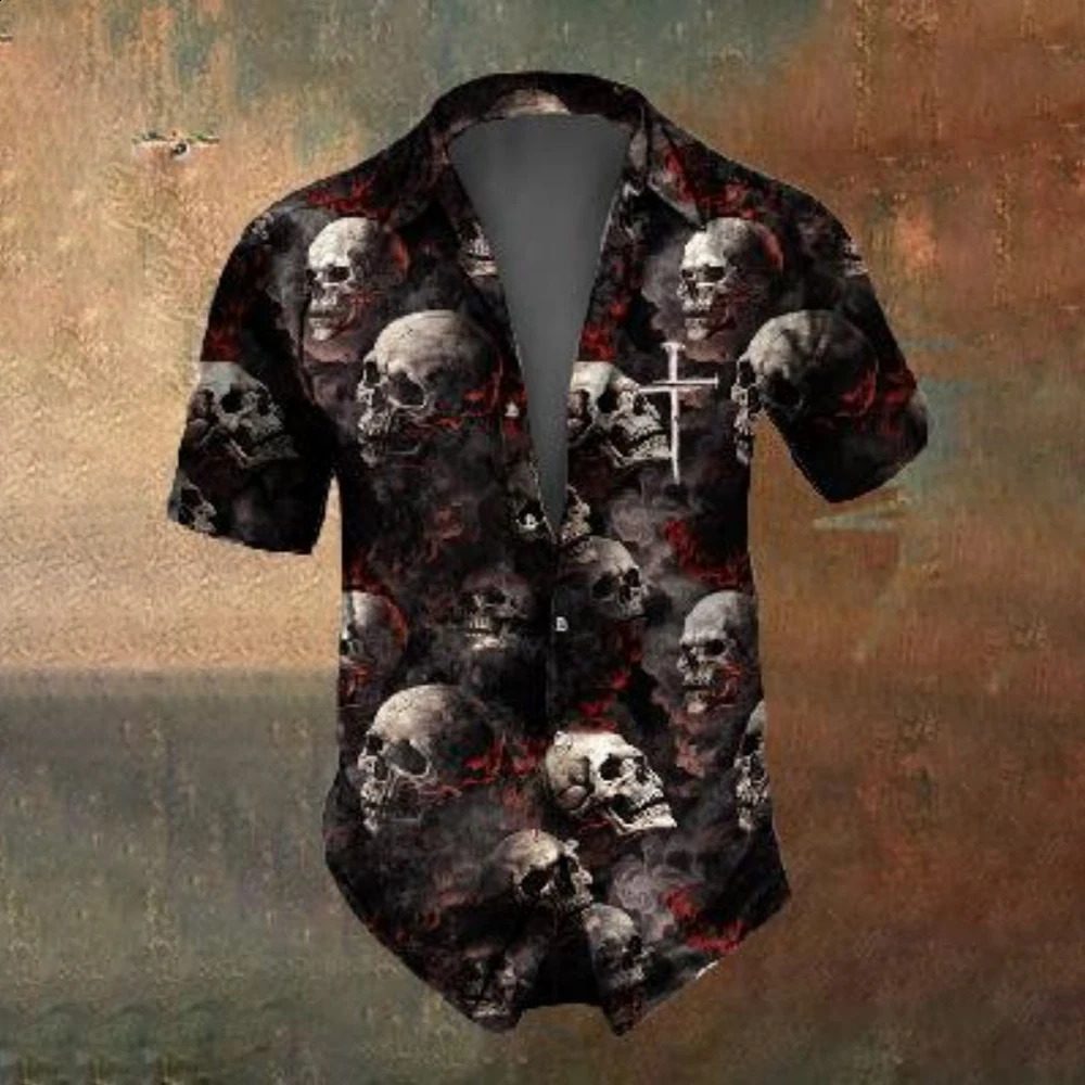 Summer Retro Flower Skull Pattern Mens Short Sleeved Shirt Fashion Street Trend Horror Party Men Oversized TShirt 250220