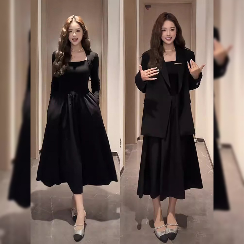 G211620 black French long-sleeved Hepburn style waisted long skirt spring women's cotton high-end spring and autumn design dress