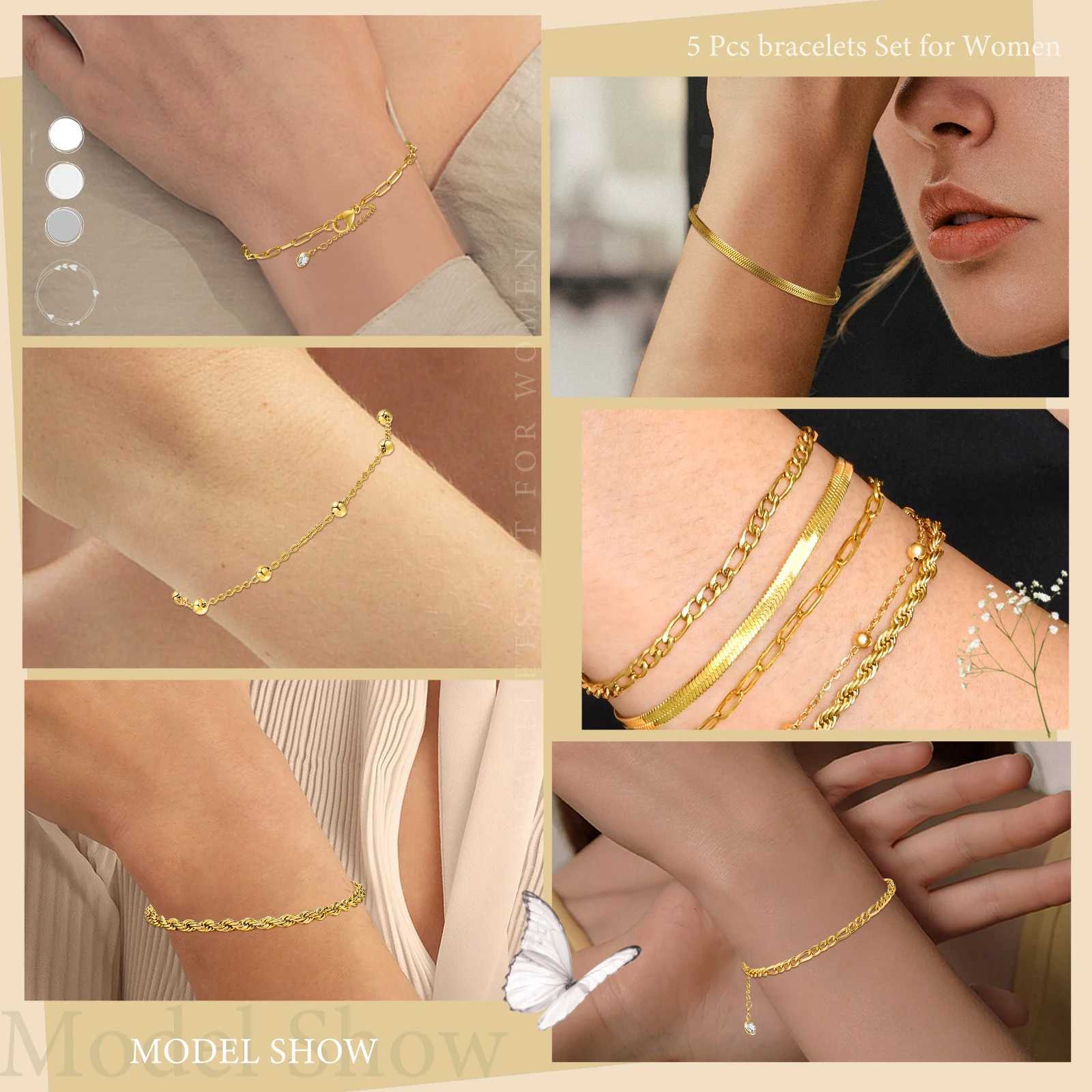 Gold Plated Bracelets Set for Women 5pcs Chain Link Stainl Steel Statement Bracelet Stackable Layered Jewelry AdjustableXJ250219