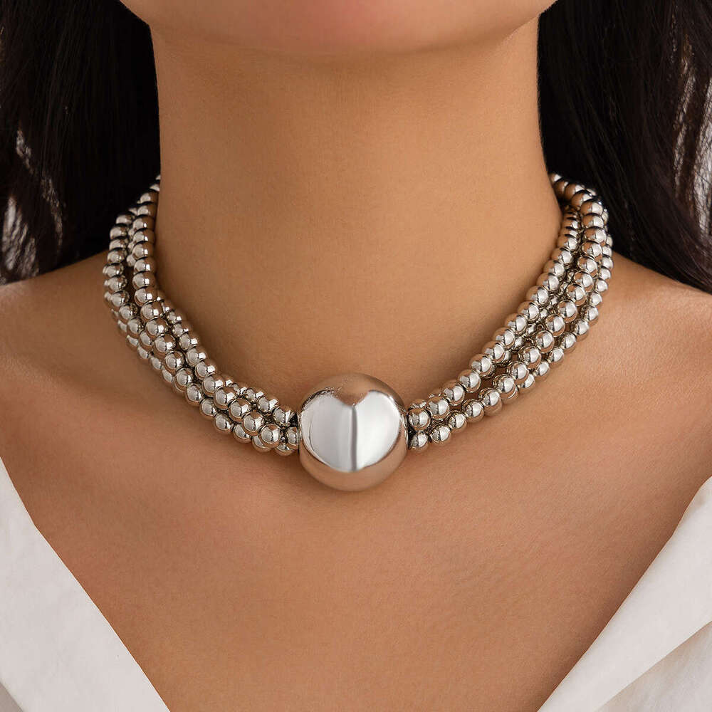 Exaggerated round bead pendant, collarbone necklace, women's hip-hop trendy metal multi-layer pearl necklace