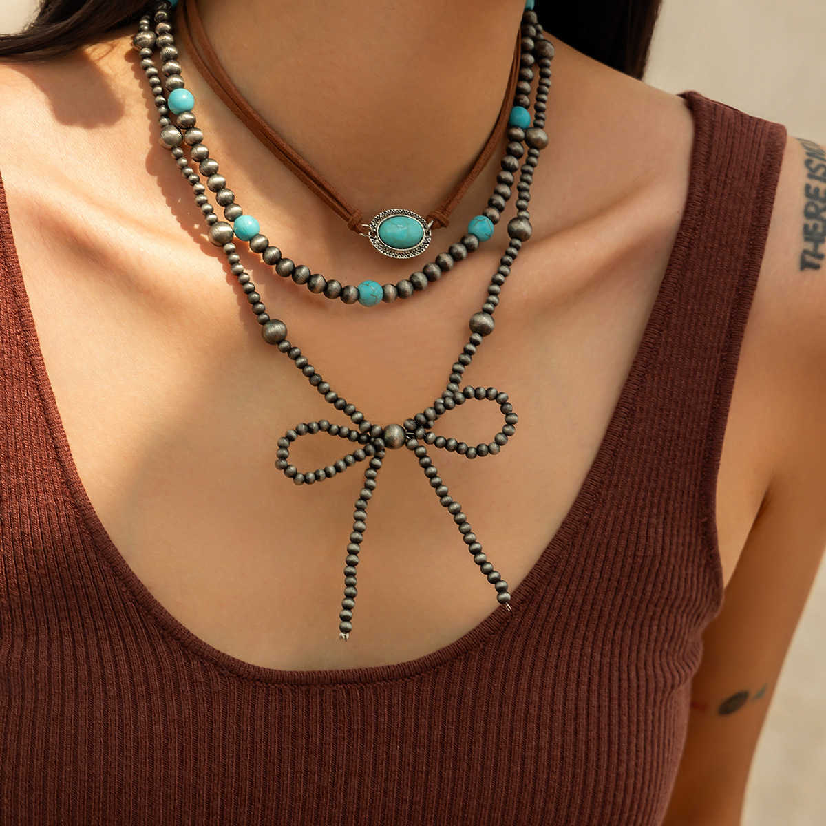 Pendant Necklaces Bohemian layered turquoise bow handmade necklace Navajo style beaded ethnic necklace H25219 2 4C9F