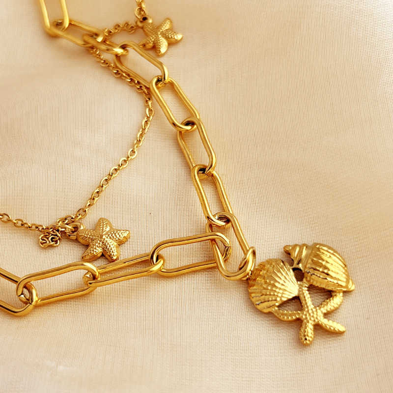 Pendant Necklaces Summer New Double layered Ocean Pendant Necklace Stainless Steel Plated 18K Gold Shell Conch Beach Jewelry H25219