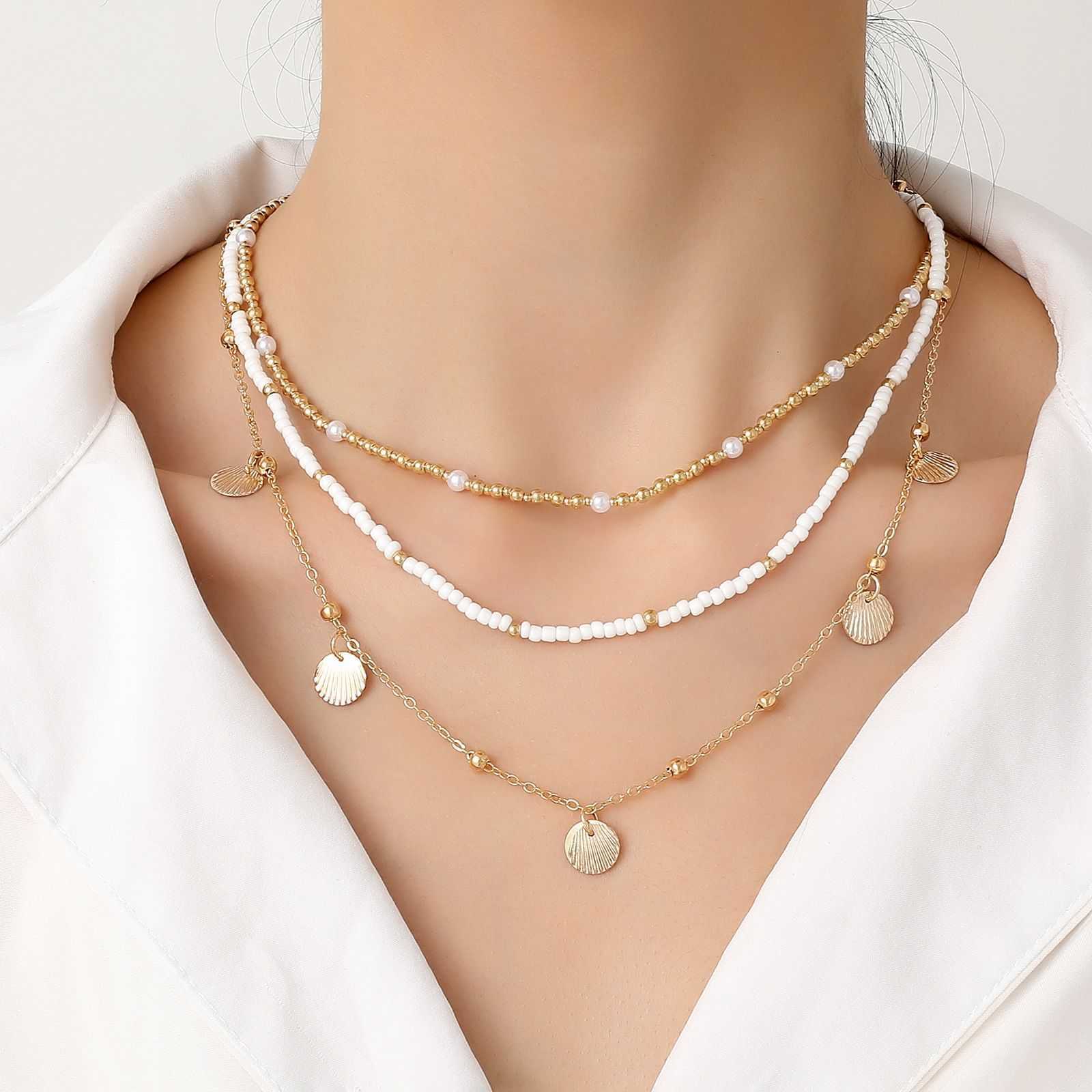 Pendant Necklaces Bohemian Metal Shell Stacked Rice Bead Necklace Female Ins Niche Pearl Bead Collar Chain H25219