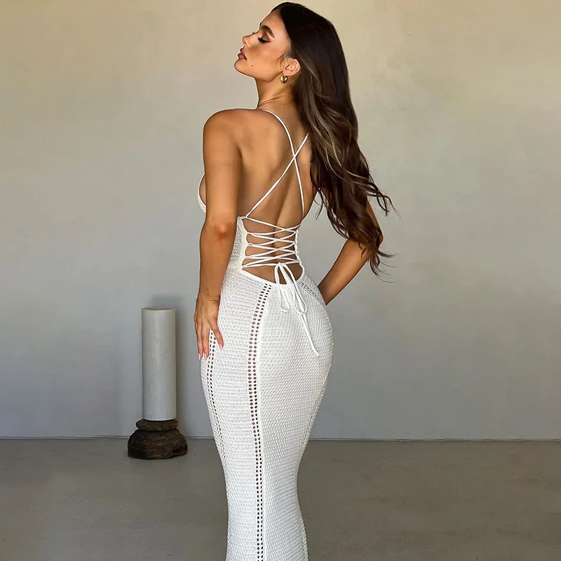 Elegant Womens Dress V Neck Spaghetti Strap Sleeveless Backless Bandage Bodycon Hollow Out Club Party Sexy Long Dress 250219