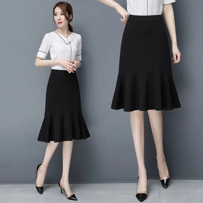 Summer High Waist Loose Hip Skirt Solid Color Allmatch Ruffle Fishtail Elegant Fashion Women Clothing 250220