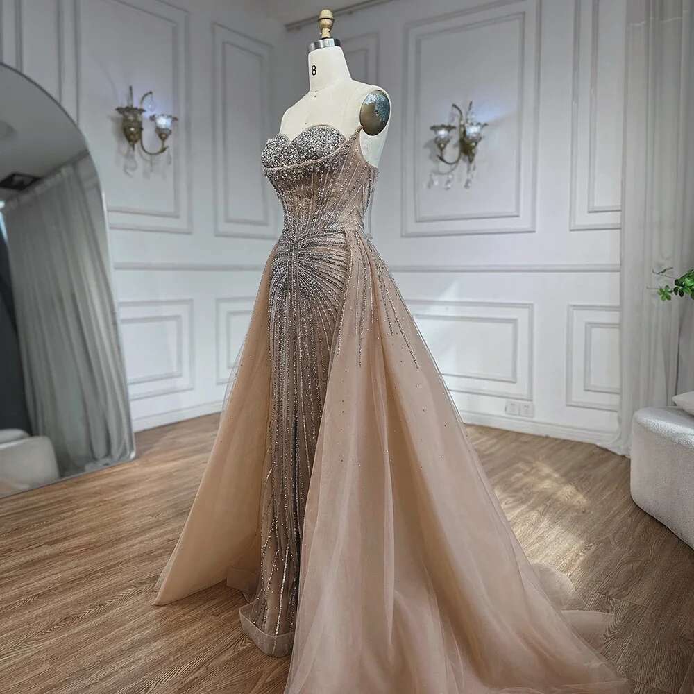 Hill Serene Customized Pink Crystal Beaded Saudi Mermaid Evening Dresses Gowns With Overskirt For Formal Ocn BLA mal