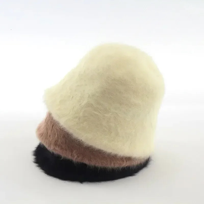 Rabbit Hair Fisherman Hat for Women Autumnwinter Basin Head Round Plush Senior Sense Face Small White Bucket 250210