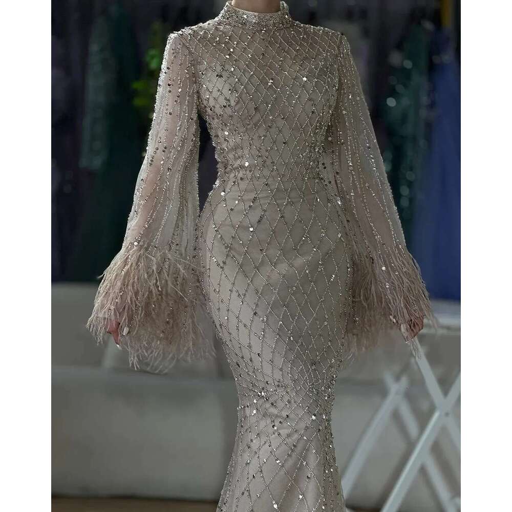 Caramel Saudi Cut Out Lace Beaded Feathers Mermaid Evening Dresses Prom Gown For Formal Ocn Customize