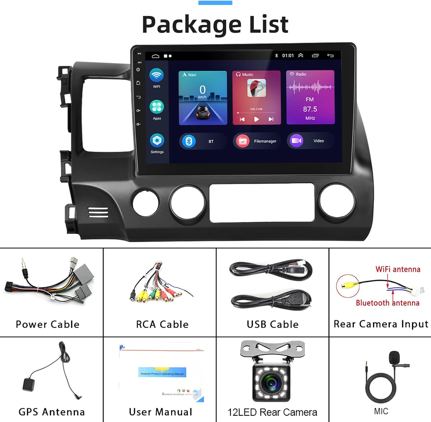 10.1 Inch Car Stereo 2G+32G Wireless CarPlay Auto for Honda Civic 2006-2011 Android Touch Screen Bluetooth Radio with Backup Camera GPS Navigation WiF