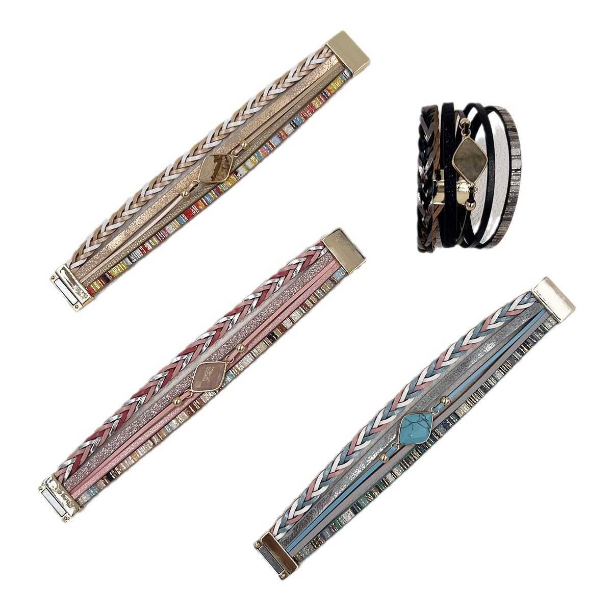 Charm Bracelets Multi layer PU leather natural stone magnetic buckle bracelet Bohemian ethnic style green pine multi row metal bracelet H25220