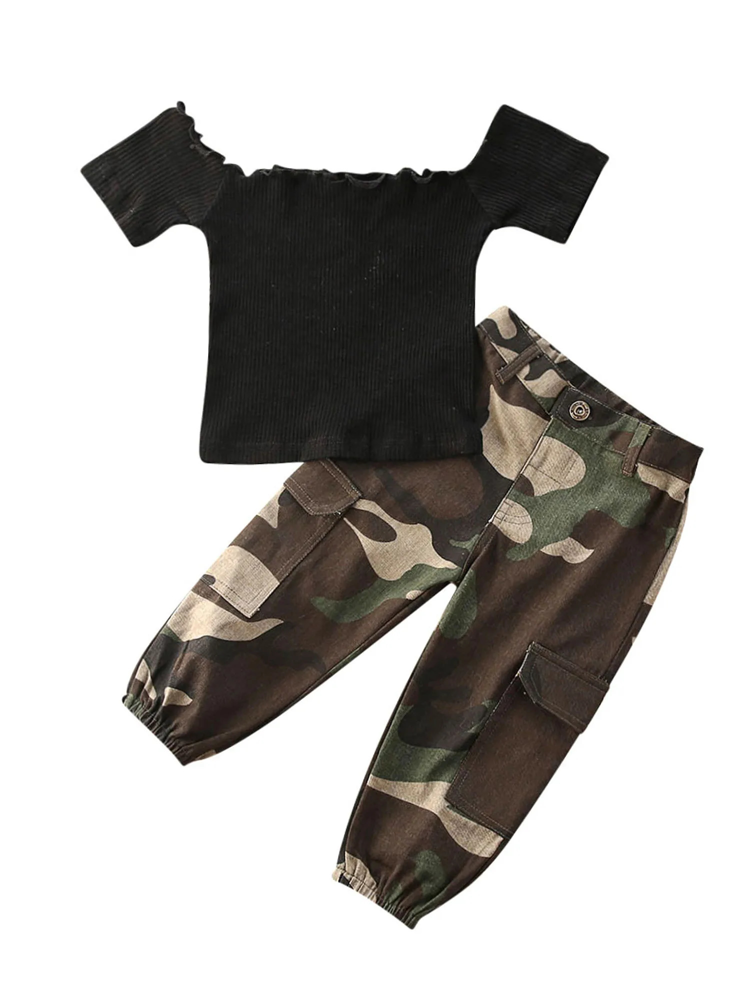 2Pcs Toddler Girl Outfit Set Boat-Neck Crop Top with Short Sleeves and Camouflage Pants for Summer Wear 250219