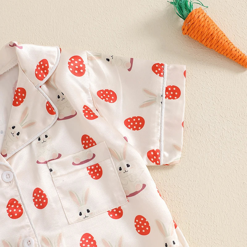 Adorable Toddler Easter Pajama Set with Bunny and Chick Print Short Sleeve Button-up Tops and Long Pants 2 Piece Sleepwear 250219