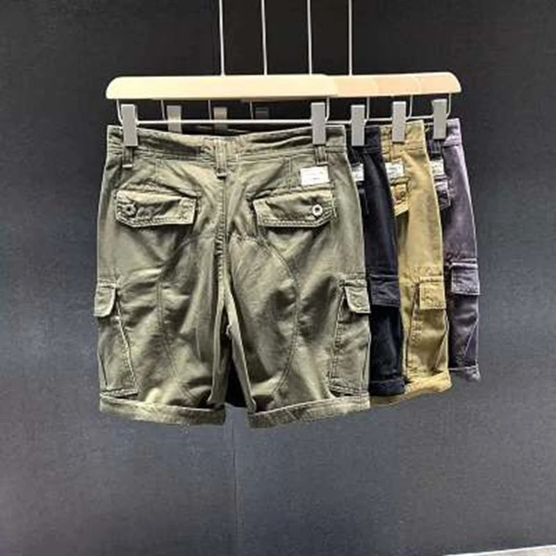 Mens Cargo Shorts Pockets Zipper Button Solid Bermuda Short Pants for Men Strech Wide Jogger Y2k Knee Length Cotton Khaki 250220