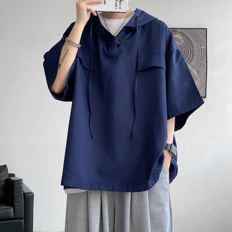 5-Color Summer Hoodie Mens Korean Half Sleeve Pullover Streetwear Loose T-shirt Top Brushed Mens Clothing 250219