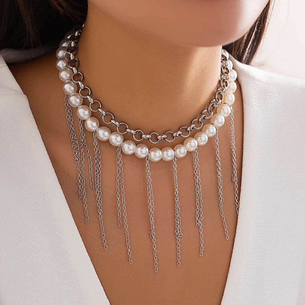 Imitation pearl tassel sweater chain with a sense of niche design, double layered for women's necklace jewelry