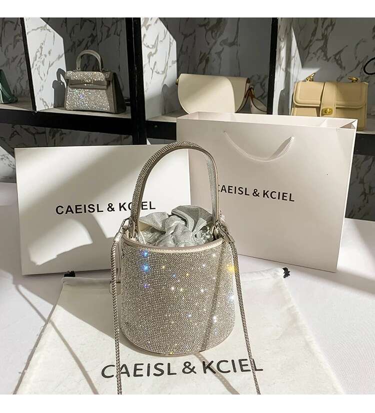 Women Handbag Glitter Bucket Crystal Shiny Rhie Dia Evening Wedding Party Clutch Purse Shoulder Crossbody Bag