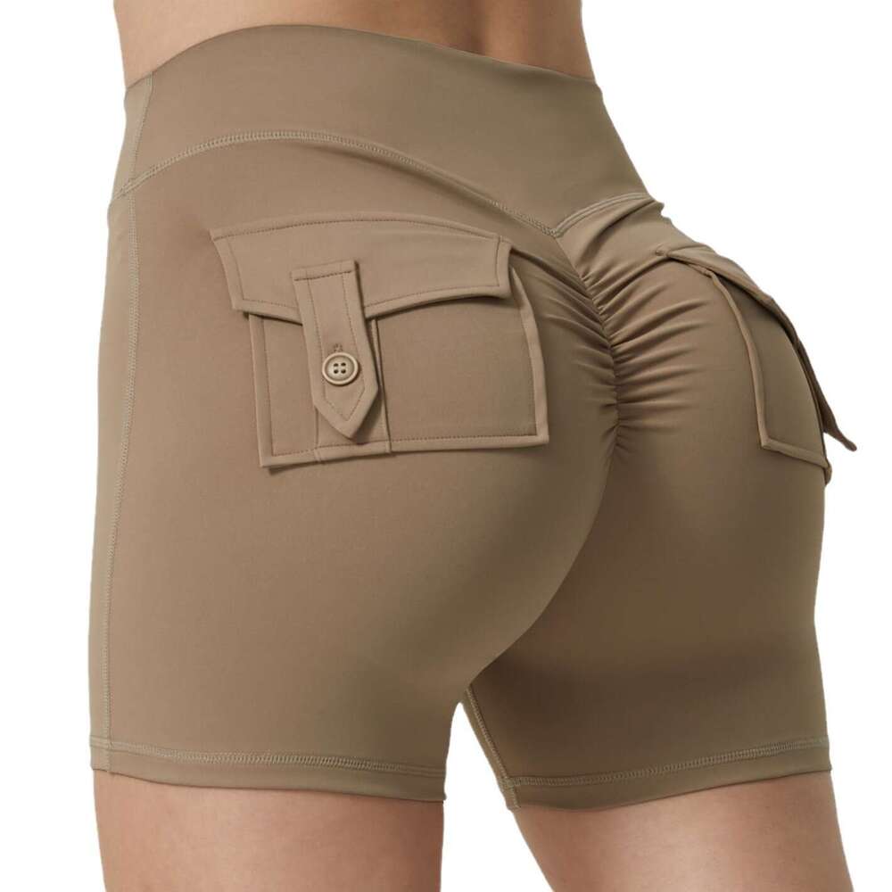 Pocket fiess exercise shorts, yoga pants with no awkward es, lifted peach buttocks, women's high waisted outerwear, 2025 new casual fashion trend