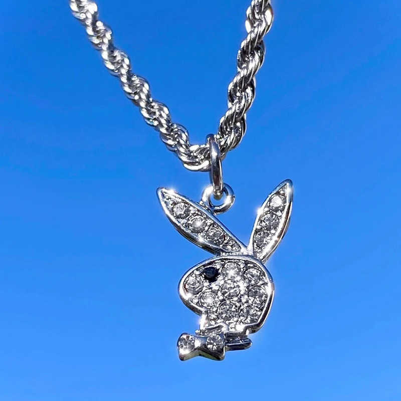 Pendant Necklaces Hip hop Street neutral hippop rock stainless steel twist chain full diamond rabbit head Rabbit Necklace H25219