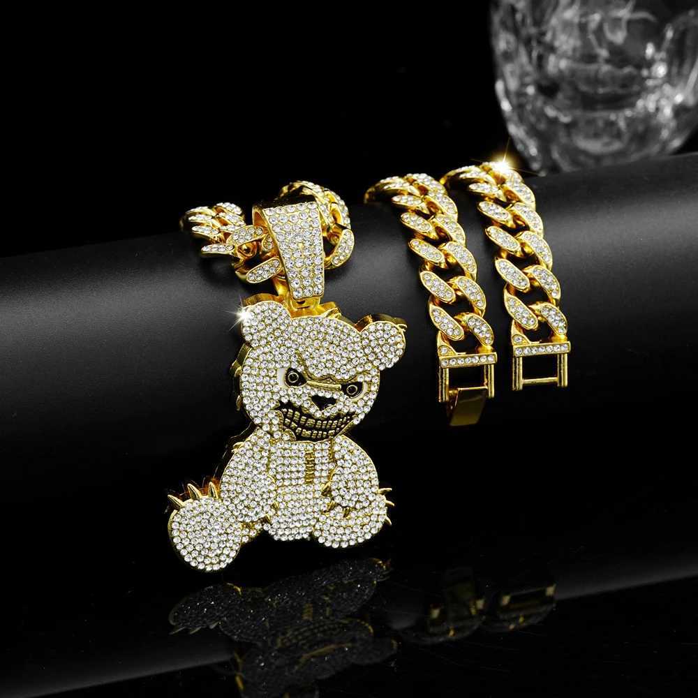 Hip Hop Aggrive Bear Pendants Necklaces with Miami Cuban Link Chain Brown Bear Mens Women Choker Collar Jewelry AccoriesXJ250219
