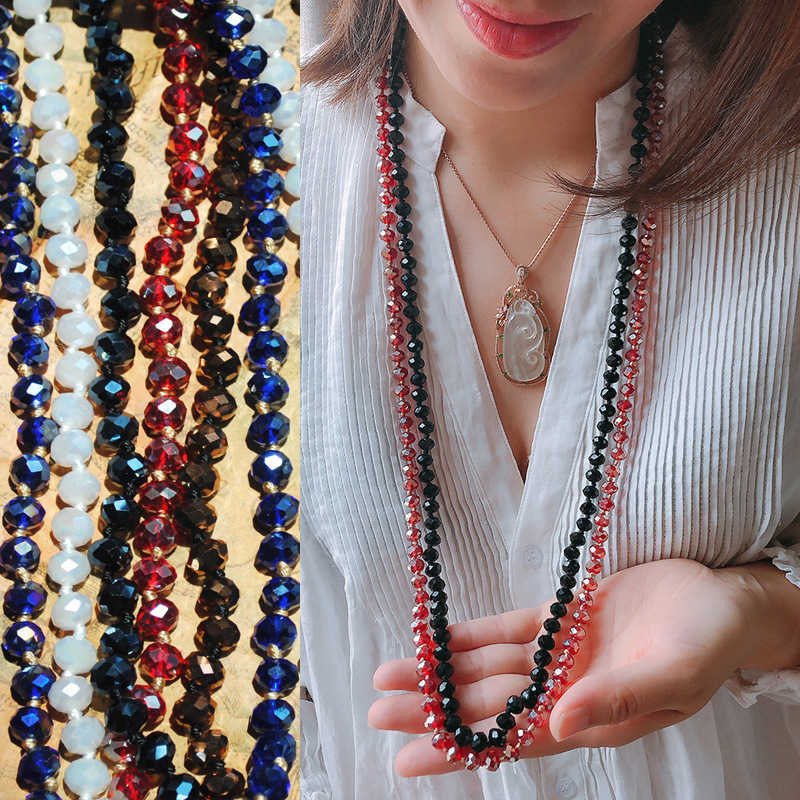 Pendant Necklaces Simple long Bohemian Necklace womens color 8mm Crystal Bead hand knotted sweater chain pendant H25219