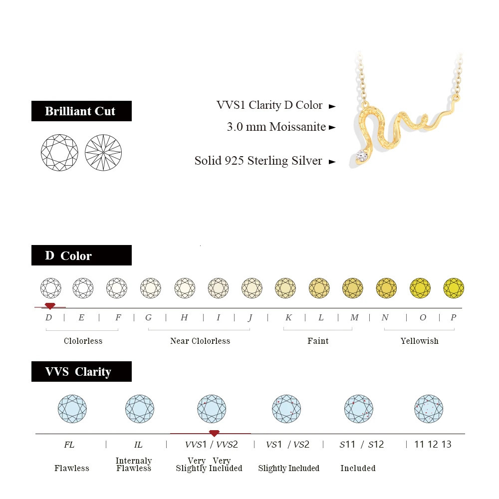 CHARMING Snake Chain 925 Silver D/VVS1 Lab Diamond Necklaces Moissanite for Women Handmade Yellow Gold Plated Wedding Jewelry 250220