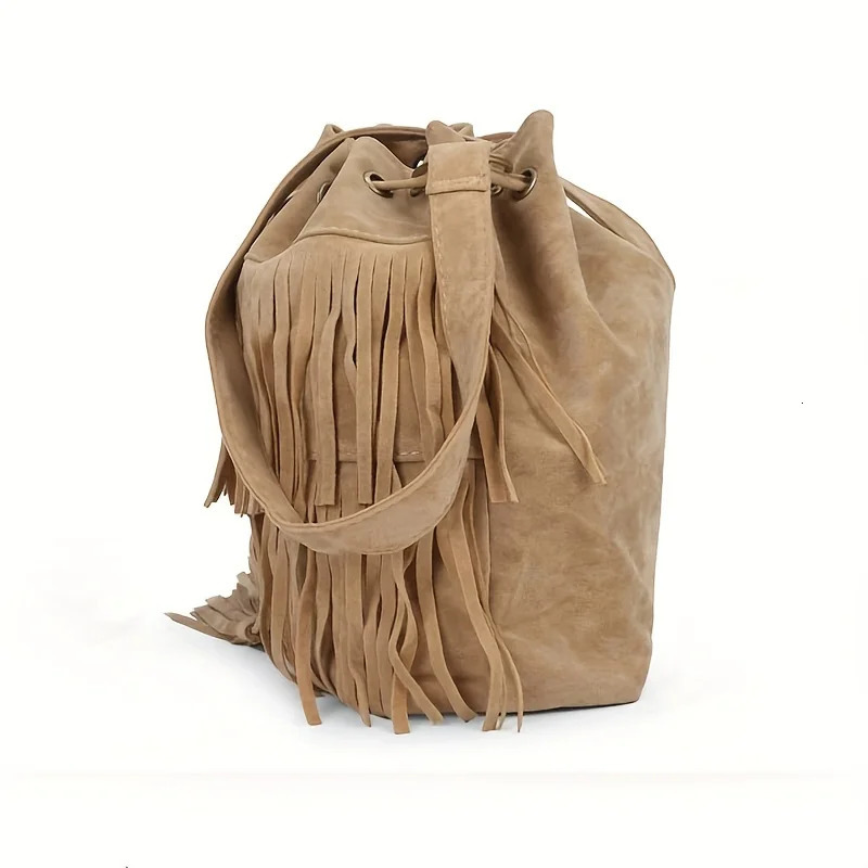 Fashionable soft velvet frosted tassel womens bag with drawstring single shoulder strap bag 250214