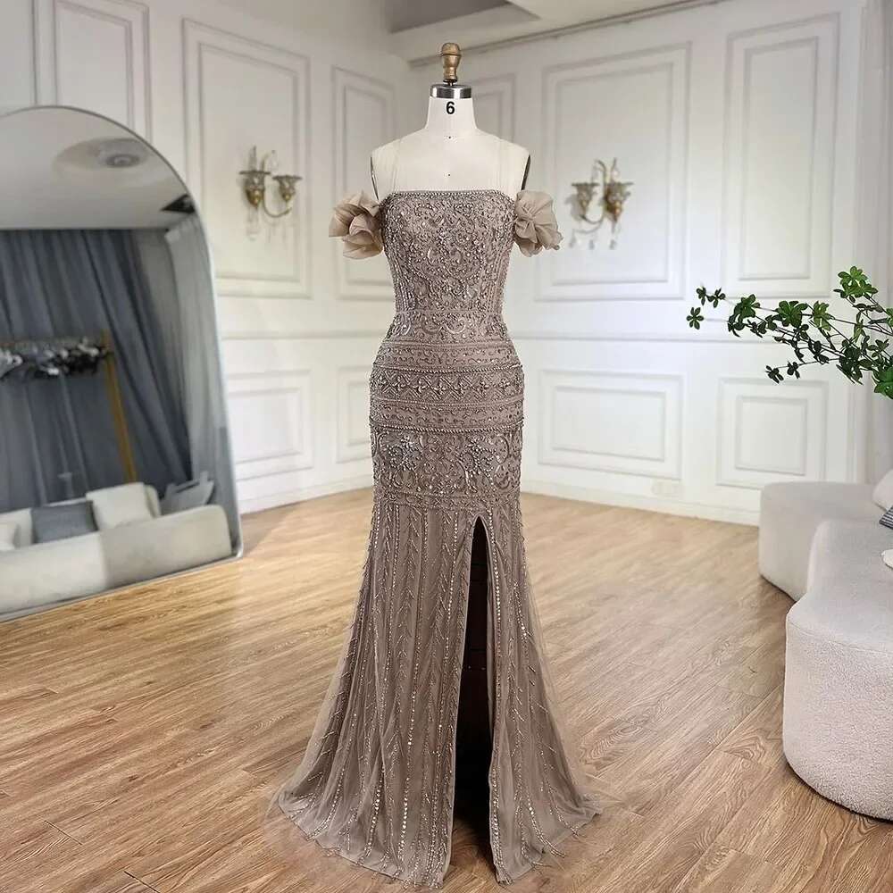 Purple Arabic Spaghetti Strap High Split Mermaid Beaded Evening Dresses Gown Prom Party Customize BLA