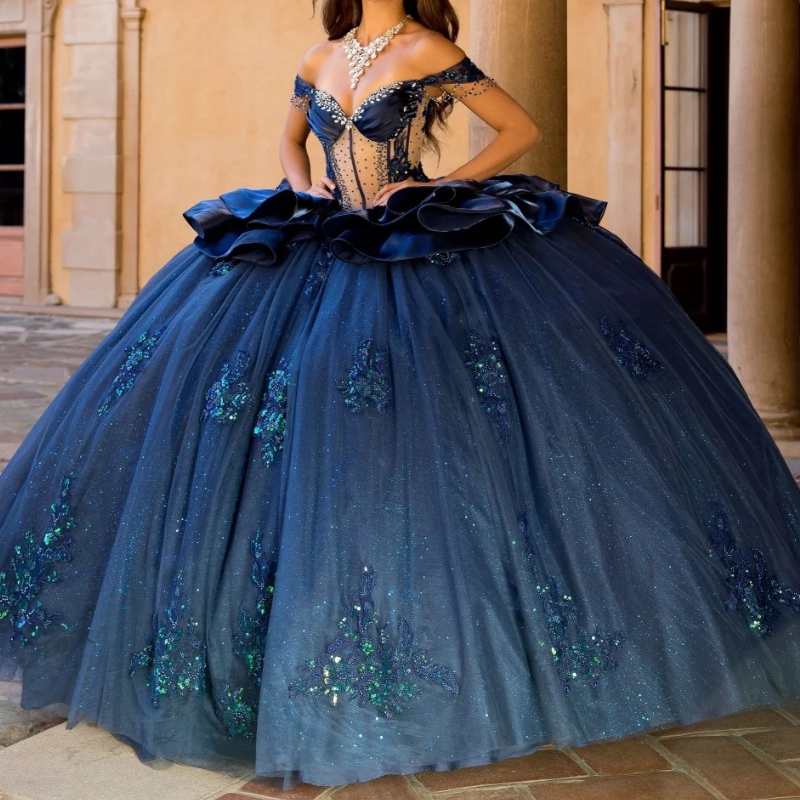 Royal Blue Shiny Quinceanera Dresses Ball Gown Off Shoulder Appliques Beading Crystal Tull Corset Sweet 16 Dress Vestidos 15 de anos
