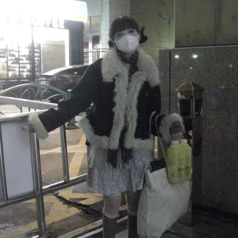 Karrram Y2k Aesthetics Black Denim Grunge Fairycore Jeans Fur Jacket 2000s Haruku Winter Coat Patchwork Vintage Korean