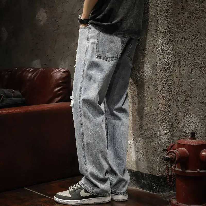 Broken Hole Jeans Mens Summer Thin Style American Washed Distressed Street Straight Leg Casual Long Pants X250220