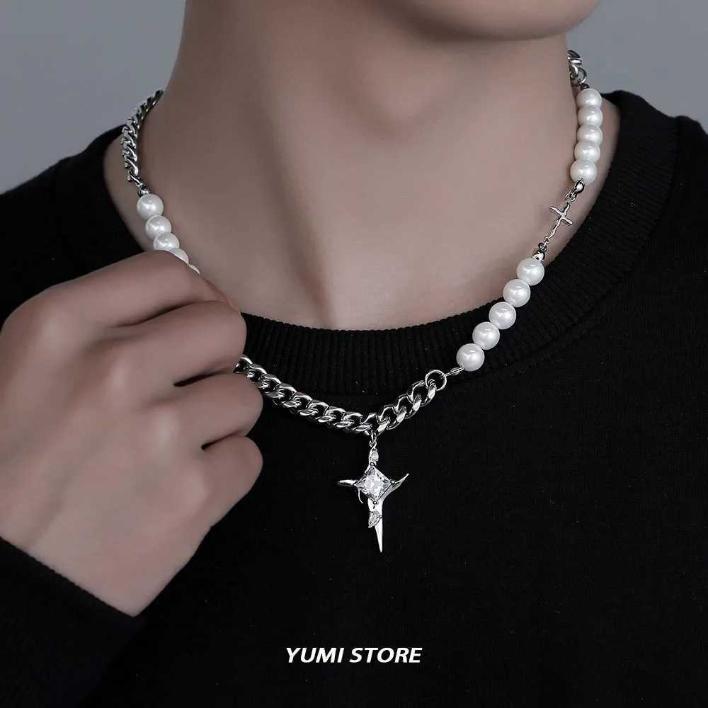 Hip Hop Imitation Pearl Cross Necklace For Men Women Trend Titanium Steel Collar Chain Kpop Pendant Jewelry Unisex AccoriesXJ250219