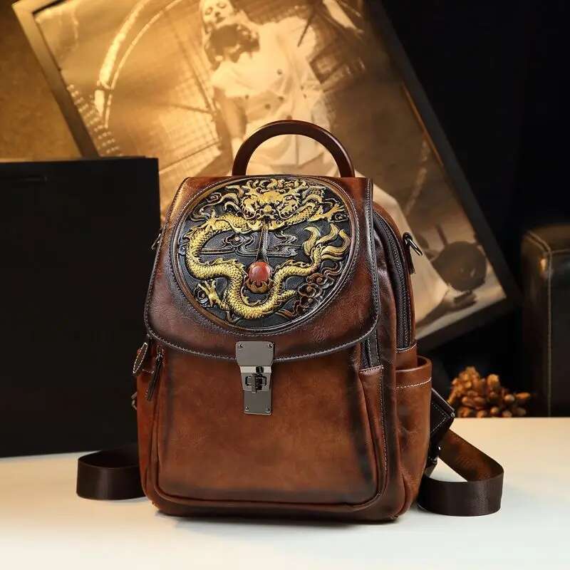 Retro National Style Leather Backpack Female Dragon Year Emment Large Capacity Single Shoulder Multi-Functional Travel Bag