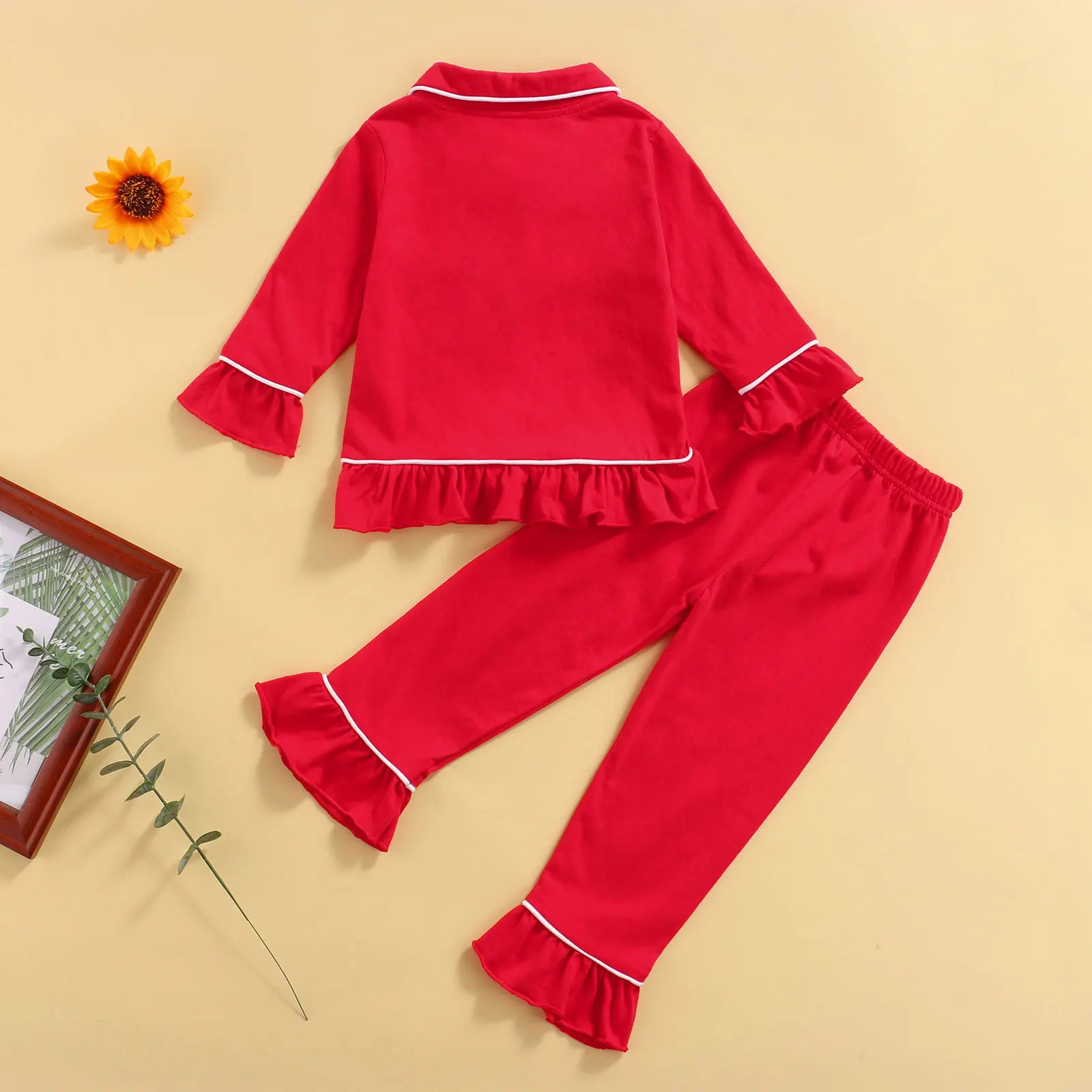 Toddler Girl Sleepwear Cute Pink Floral Print Long Sleeve Pajama Set with Ruffle Hem and Elastic Waistband 2pcs 250220