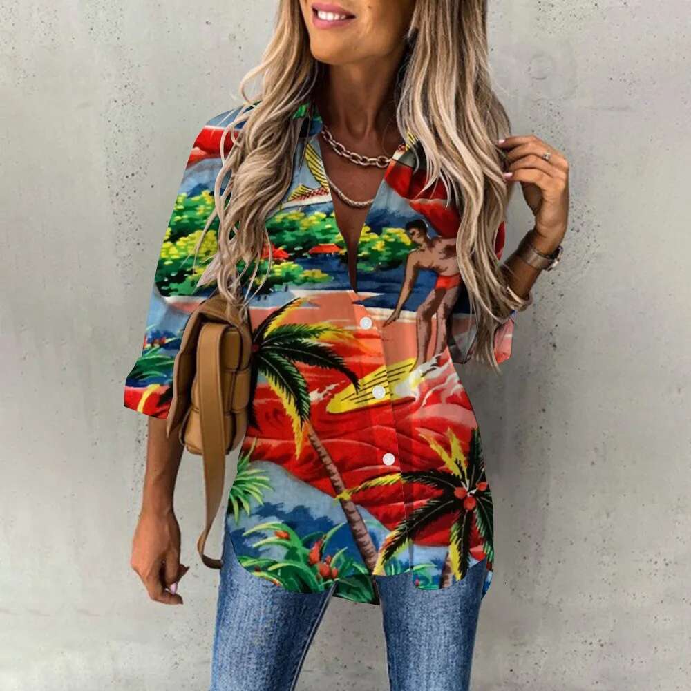Summer Women's Hawaiian Shirts Hawaii Beach Print Fashion Resort Clothes Polo Collar Long Sleeve Blouse Tops Spring Plus Sizes