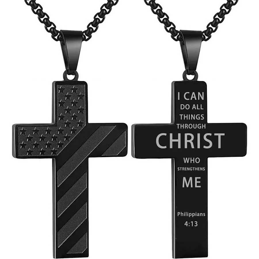 304L Stainl Steel USA Flag Cross Necklace for Men Women Bible Verse Necklace Men Spiritual JewelryXJ250219