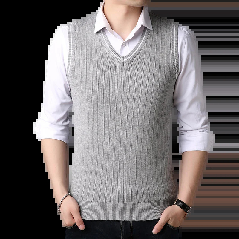 Spring and Autumn Mens Knitwear Tank Top Fashion Korean Fit Casual Versatile Student V-neck Vertical Stripe Vest 250219