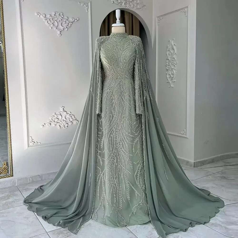 Hill Serene Muslim Sage Green Mermaid Cape Sleeves Beaded Satin Evening Dresses Gowns Customize Party BLA