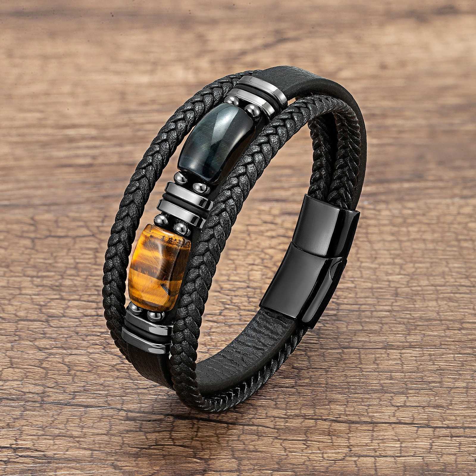 New Natural Tiger Eye Stone Mens Wristband Bracelet Hand-woven Multi-Layer Braided Leather Bangles Stainl Steel JewelryXJ250219