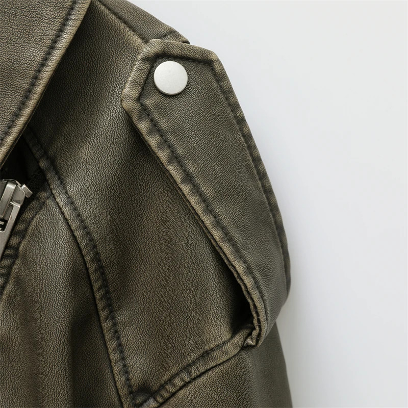 ZVRI Women Vintage Loose Pu Faux Leather Short Jacket with Belt Streetwear Female Zipper Retro Moto Biker Coat Outwear Tops 250219